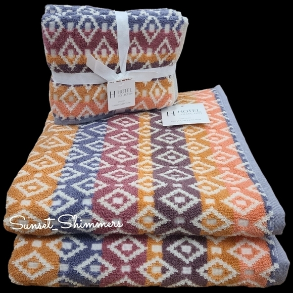 4pc Hotel Collection Multicolor Diamond Tile Aztec 2 Bath 2 Hand Towel Set New